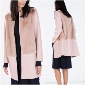 Zara Basic Womens Faux Fur Panel Longline Coat Blush Pink Size M Collarless Luxe